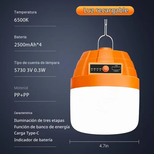 Vista 5 de Linterna LED portátil recargable, 3000 lúmenes, batería externa de 10000 mAh, luces LED para tienda de campaña, luz de campamento impermeable