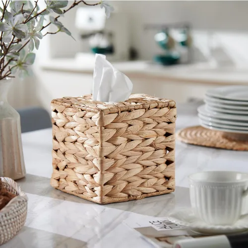 Vista 5 de YANGQIHOME - Funda cuadrada para caja de pañuelos de ratán – Soporte decorativo bohemio para pañuelos faciales en la mesa y el baño, 5.9 pulgadas