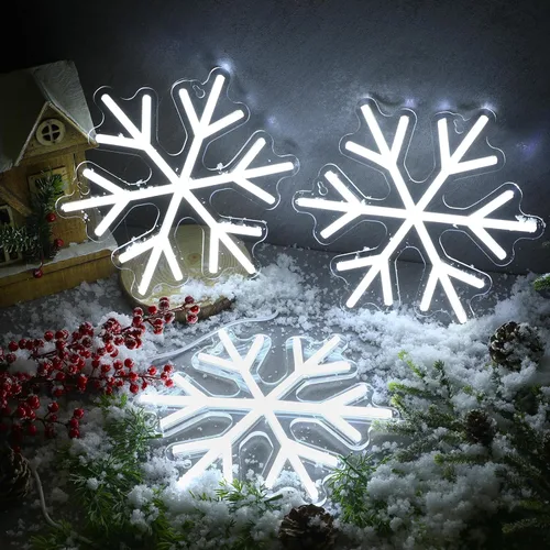 Vista 5 de ROCEEI 3 letreros de neón de copo de nieve, luces LED de copo de nieve, luces de neón de invierno, barra de pared para ventana, decoración de sala