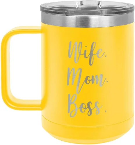 Vista 5 de WIFE MOM BOSS Black 15 oz Coffee Cup w/Slide Top Lid Insulated Travel Coffee Mug Birthday Or Christmas Gift Ideas From Women or Men Compare To
