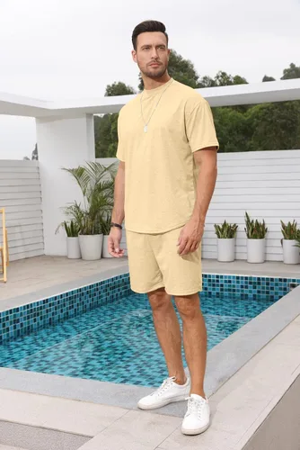 Vista 2 de Lexiart Conjunto deportivo de 2 piezas para hombre, casual, pantalones cortos, de verano, de manga corta, de gran tamaño, para hombre