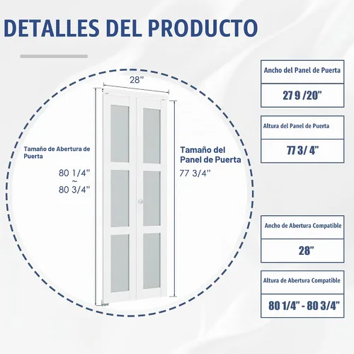Vista 2 de BARNER HOME Puerta Bi-Fold, para apertura de 28 in. x 80 in., panel de vidrio templado esmerilado de 3 luces con kit de herrajes, MDF, puerta