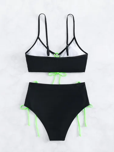 Vista 2 de Cozyease Traje de baño liso de 2 piezas para mujer, conjunto de bikini de cintura alta con cordones
