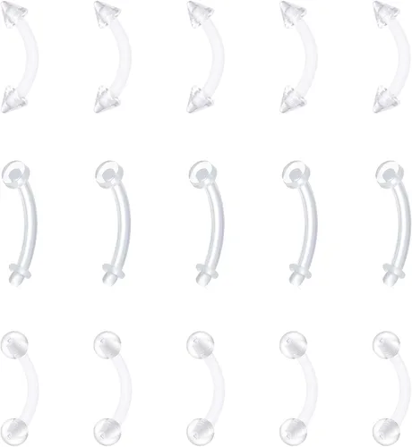 Vista 5 de FECTAS Aretes de plástico flexible transparente de 16G y 14G, anillos para cejas, barras curvadas, retenedores para piercing de vientre, 15