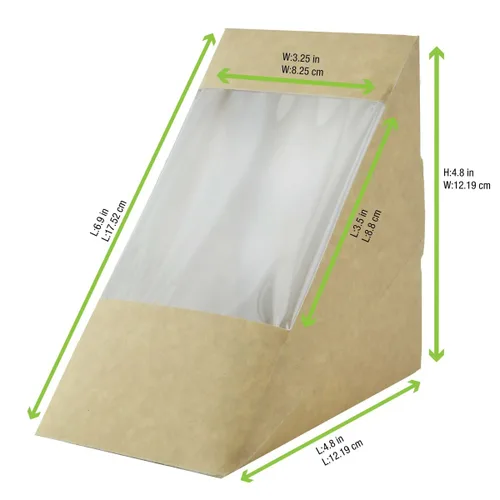 Vista 4 de PacknWood - 209KCK7212 - Cajas en forma de triángulo - Caja de sándwich triple Kraft con ventana - Cajas de papel reciclable para almuerzo - Caja