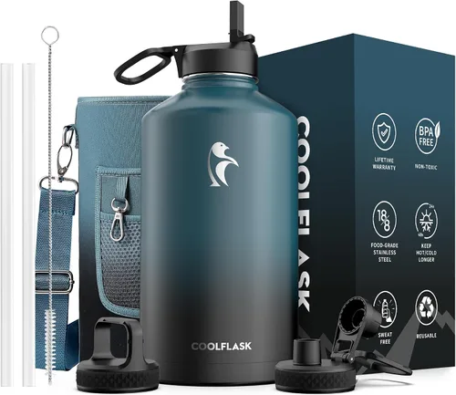 Vista 17 de Coolflask Botella de agua de 20 onzas aislada con pajilla, 3 tapas de metal de acero inoxidable, botella de agua de boca ancha para deportes u
