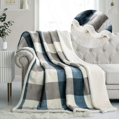 Vista 11 de PU MEI Manta Sherpa Individual a Cuadros Gruesa para Cama, 60"*80" Franela Súper Suave Difusa Forro Polar Reversible Terciopelo Afelpado Manta