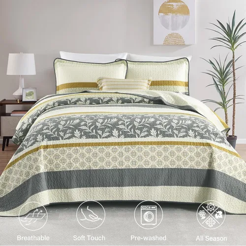 Vista 2 de Finlonte Juego de edredón tamaño Queen 100% algodón, ligero, suave, color gris, beige, vintage, acolchado, a rayas, floral, reversible, juego