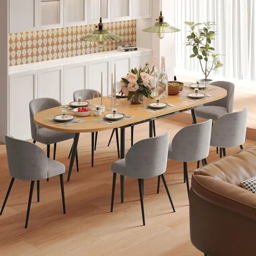 Vista 2 de Mesa de comedor extensible de 75 x 32 pulgadas, mesa ovalada de madera con patas de metal, ahorro de espacio, extensible de 59 a 75 pulgadas
