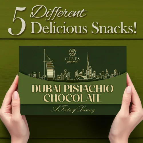 Vista 6 de Paquete Variado de Chocolate Dubai – 7 unidades, 3 de Chocolate con Leche, Oscuro y Blanco + 2 Obleas Dubai + 2 Mini Barras – Elegante Caja