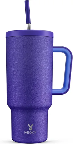 Vista 34 de Meoky - Vaso de 30 oz con asa, tapa y pajilla, taza de viaje térmica de acero inoxidable 100% a prueba de fugas, para portavasos, mantiene el frío