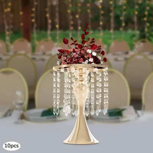 Vista 6 de Juego de 10 portavelas de metal dorado de 10.2 pulgadas de alto, florero, arreglo floral, candelabro, candelabro, portavelas para bodas, fiestas