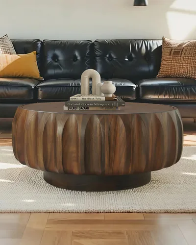 Vista 13 de Mesa de centro de tambor de 31.5 pulgadas, moderna mesa de té acanalada única, mesa de centro redonda de madera contemporánea con mesa central Negro