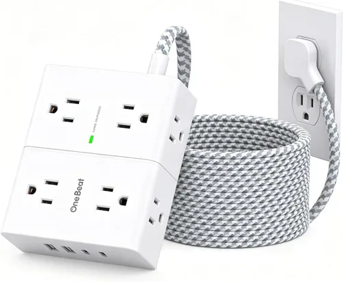 Vista 11 de One Beat Regleta protectora de sobretensiones, cable de extensión plano ultrafino de 6 pies con 8 tomas, 4 puertos USB (2 USB C), regleta