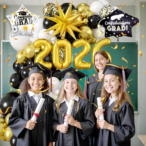 Vista 6 de Kit de Arco de Globos Paready Graduación 2025, 120 Piezas de Arco de Globos Graduación Negro y Dorado, Globos de Confeti Negro y Dorado Metálicos