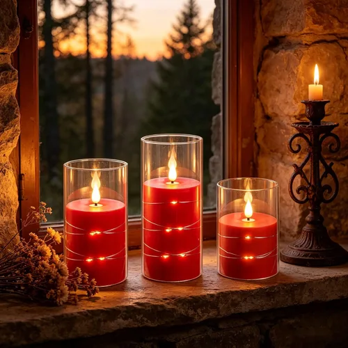 Vista 4 de Da by Paquete de 3 velas cónicas de acrílico transparente rojo sin llama, velas LED parpadeantes de mecha negra con cadena de luces de hadas, velas