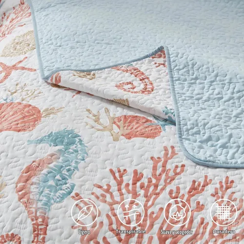 Vista 5 de LEAONME Coastal Juego de Edredón Tamaño Twin - Colcha Reversible de Microfibra Ligera, 68''x86'', Coral, Incluye 1 Funda de Almohada