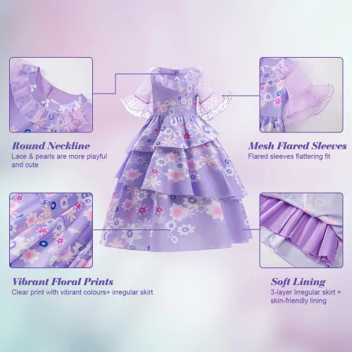 Vista 4 de AOMIG Mirabel Isabella - Vestido de disfraz para niñas, Isabella Madrigal, vestido de cosplay para cumpleaños, Halloween con accesorios
