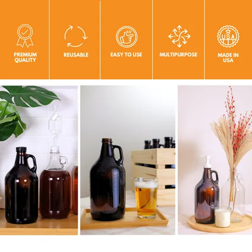 Vista 5 de FastRack - Growlers de vidrio ámbar de 64 onzas (paquete de 6) Cultivador de cerveza de medio galón con 18 tapas de sellado de polietileno Jarra