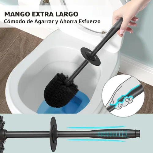Vista 4 de Cepillo de inodoro, cepillo para inodoro con mango extra largo, cerdas duraderas, limpiador de inodoro y soporte cubierto para limpieza de baño Negro