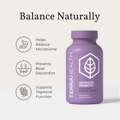 Vista 4 de Terra Health Essentials Probióticos avanzados 50 mil millones de UFC Reduce la hinchazón y los gases, apoyo inmunológico Suministro para 30