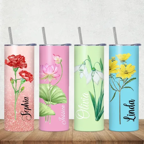Vista 14 de Regalos personalizados para mujeres, vaso delgado personalizado con nombre, flor de nacimiento, vaso aislado personalizado con tapa y pajita, regalo