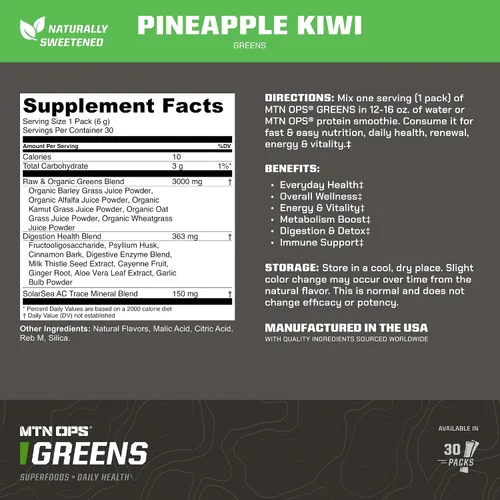 Vista 3 de MTN OPS Super Greens Daily Superfood Blend naturalmente endulzado con fruta de monje apoyo inmune y digestivo Verdes ricos en clorofila, polvo