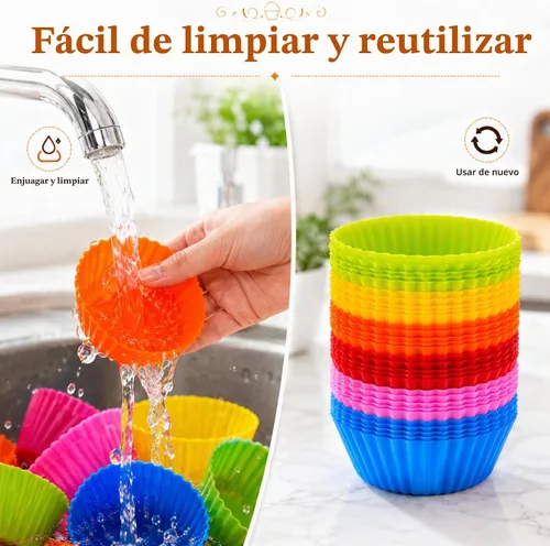 Vista 5 de RAINFLOW Paquete de 36 tazas de silicona para hornear cupcakes, reutilizables y antiadherentes, mini moldes de silicona para muffins, forros