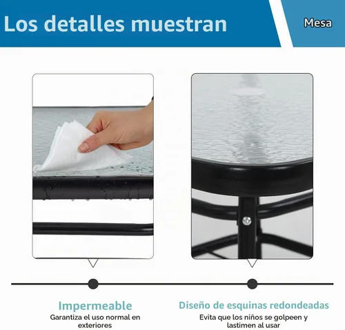 Vista 5 de Mesa de patio al aire libre con agujero para paraguas, mesa cuadrada de vidrio templado de 32 pulgadas, mesa de centro de conversación, marco