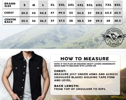 Vista 3 de Milwaukee Leather MDM3010 - Chaleco de motociclista estilo club de mezclilla negra para hombre con ribete de cuero y cremallera oculta