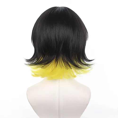 Vista 4 de XiongXiongLe Peluca de Halloween Cosplay Anime Meguru Bachira con bloqueo azul, negro y amarillo, pelucas de repuesto para disfraz de hombre