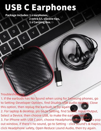 Vista 6 de Auriculares USB C para Samsung S25 FE S24 A16 A17 Auriculares con cable magnéticos en la oreja Tipo C con micrófono Control de volumen Bajo estéreo