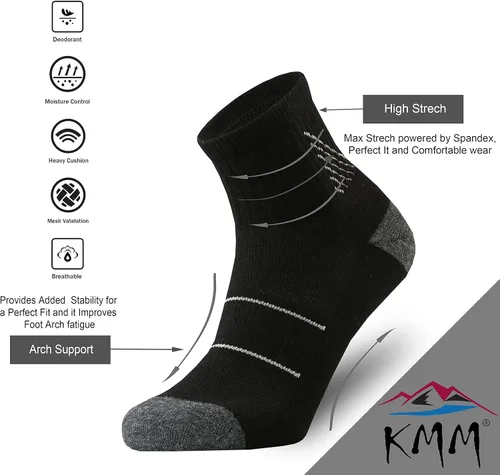 Vista 2 de KMM Calcetines tobilleros de lana merino de corte bajo para hombre, ligeros, con un cuarto de amortiguación, anti ampollas, senderismo, senderismo