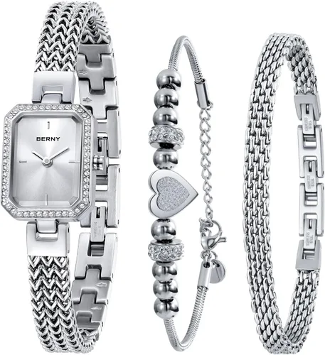 Vista 8 de BERNY Relojes de Plata para Mujeres Damas Conjunto de Reloj de Pulsera y Pulsera Delicado Reloj de Pulsera de Cuarzo Premium con Acentos de Cristal
