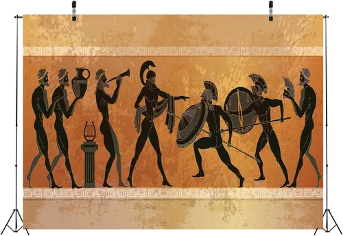 Vista 3 de Telón de fondo de tela de 5 x 3 pies, fondo de guerrero de la antigua Grecia antigua, mitología griega, figura negra, figuras de guerreros