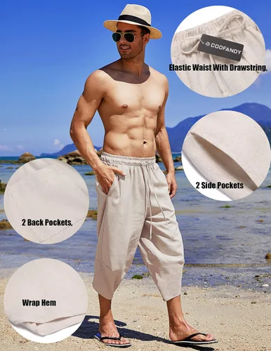 Vista 5 de COOFANDY Pantalones capri harén de lino para hombre, ligeros, sueltos, 34, con cordón elástico, cintura elástica, pantalones casuales para yoga