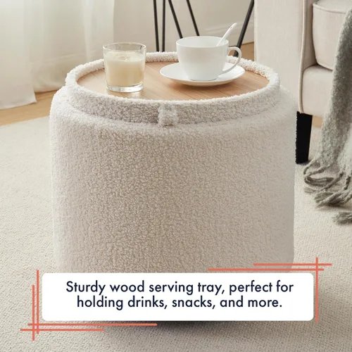 Vista 3 de Ornavo Home Lawrence Otomana Redonda de Almacenamiento Boucle con Tapa Desmontable y Tapa de Bandeja Mesa de Centro, Otomana con Almacenamiento