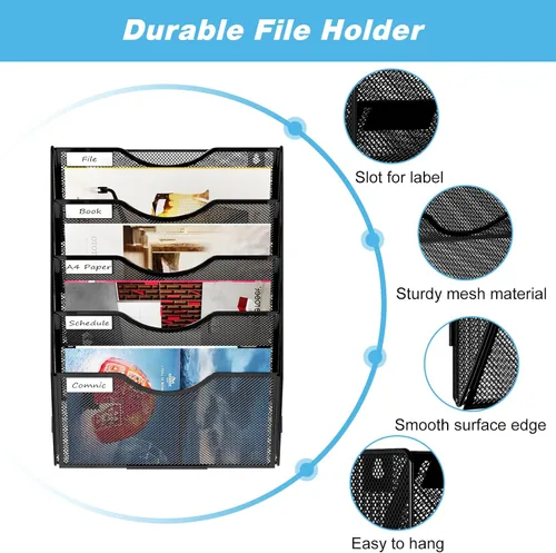 Vista 3 de Soporte para archivos para colgar en la pared, organizador de papel para colgar en la pared, 5 bolsillos, estante de almacenamiento, color negro