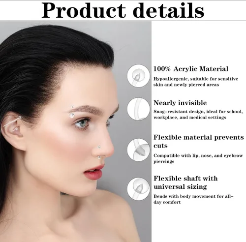 Vista 3 de 36 piezas de retenedores transparentes para cirugía, trabajo de plástico Bioflex, anillos de nariz, anillos para vientre, tabique, cejas, labios