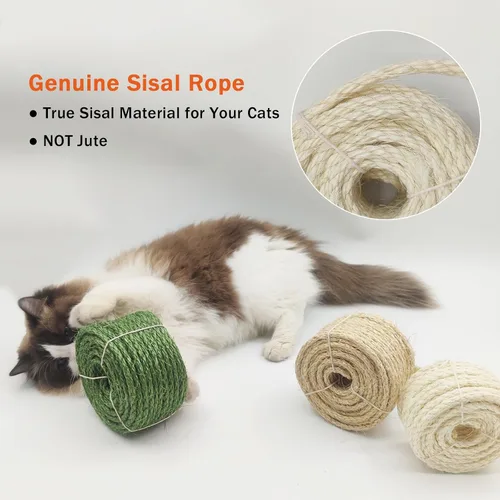 Vista 4 de Cuerda de sisal natural para rascador de gatos, cuerda de sisal de 1/4 de pulgada y 32 pies para reemplazo de poste de rascador de gatos, reemplazo