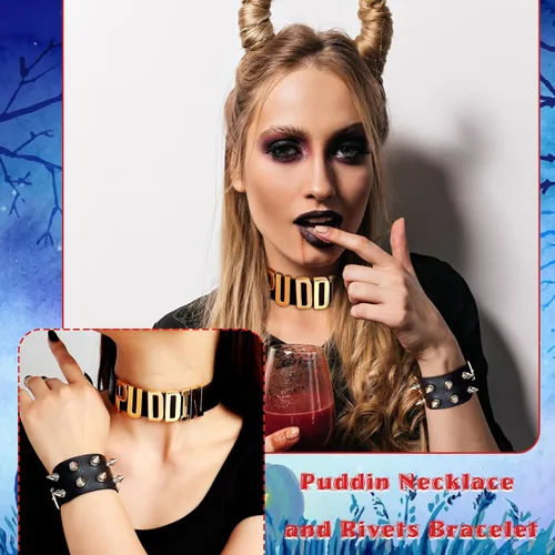 Vista 2 de YANCHUN Gargantilla Puddin para mujer, pulsera de cuero con pinchos, accesorios de disfraz de Halloween