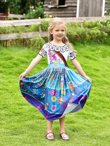 Vista 6 de COTRIO Isabella Dress with Garland Girls Mirabel Costume Outfits Halloween Princess Cosplay Birthday Party Dresses