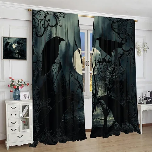 Vista 4 de Cortinas góticas rústicas con estampado de cuervo de bosque brumoso, rama, luna, bolsillo para barra, cortinas de ventana para dormitorio, sala