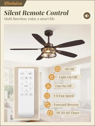 Vista 2 de Fanbulous Ventilador de techo rústico de 52 pulgadas con luz y control remoto, ventiladores de techo rústicos negros de 52 pulgadas para dormitorio