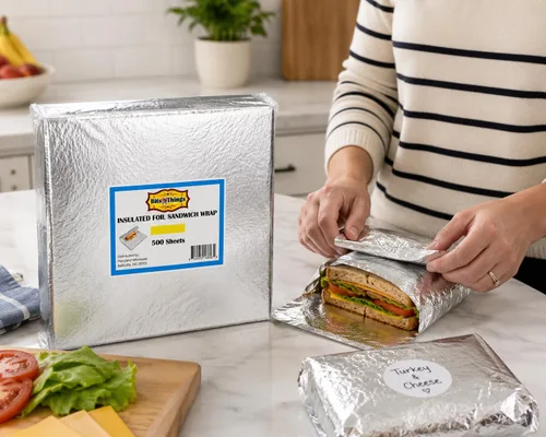 Vista 3 de Hojas aisladas de papel de aluminio para sándwich de 10.75 x 14 pulgadas (500 unidades) Papel de aluminio para sándwiches, suburguesas