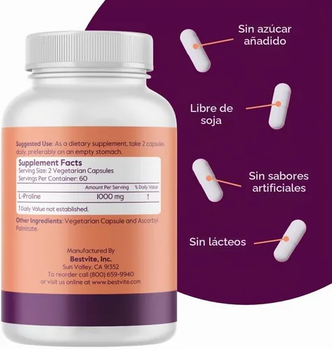 Vista 3 de BESTVITE L-Prolina 500mg (120 cápsulas vegetales) - Sin estearatos - Sin