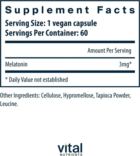 Vista 2 de Vital Nutrients Melatonina 3mg - Vegana - Melatonina de dosis baja - Suplemento para dormir para apoyar el ciclo natural del sueño del cuerpo*