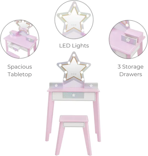 Vista 3 de Teamson Kids Juego de tocador de estrellas con luces LED para niñas, mesa de maquillaje rosa de 2 piezas para niños con espejo, 3 cajones