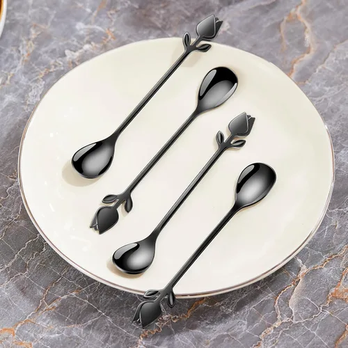 Vista 8 de Juego de 12 mini cucharas de café con mango de tulipán negro/rosa, acero inoxidable de 6 pulgadas para expreso, té, postre, ideal para demitasse