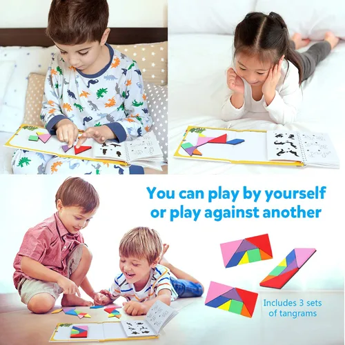 Vista 5 de Vanmor Rompecabezas de Tangram de viaje, 3 juegos de tangram magnético con solución 240, bloques de patrón de forma Montessori, rompecabezas